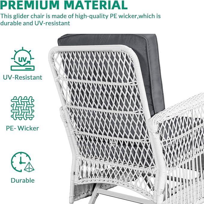 VIVIJASON 2-Piece Outdoor White Wicker Glider Rocking Chair, Patio Rattan Swing Glider Chairs with Cushions & Steel Frame, All-Weather Gliding Lawn Wicker Furniture for Garden Backyard Porch, Grey