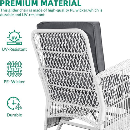 VIVIJASON 2-Piece Outdoor White Wicker Glider Rocking Chair, Patio Rattan Swing Glider Chairs with Cushions & Steel Frame, All-Weather Gliding Lawn Wicker Furniture for Garden Backyard Porch, Grey