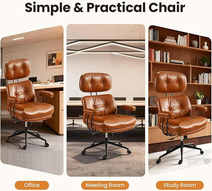 Home Office Desk Chair, Mid-Century Modern Office Chair with Adjustable Lumbar Support, Thickened Cushion Executive Desk Chair with 360 Rolling Swivel for Meeting Game Study Room(Brown)
