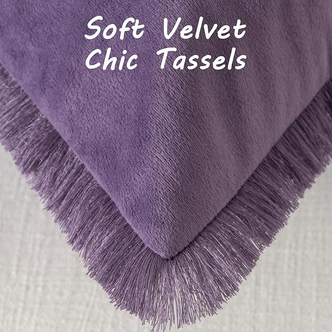 FUTEI Eggplant Purple Velvet Decorative Throw Pillow Covers 20x20 Set of 2,Soft Cozy Edge with Tassels Cushion Case,Boho Modern Home Decor for Couch Bed Living Room