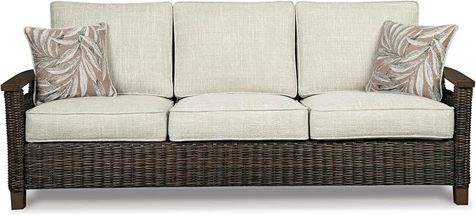 Signature Design by Ashley Paradise Trail Outdoor Patio Sofa with Cushion and 2 Throw Pillows, Cleanable Performance Fabric, Resin Wicker, Brown & Beige