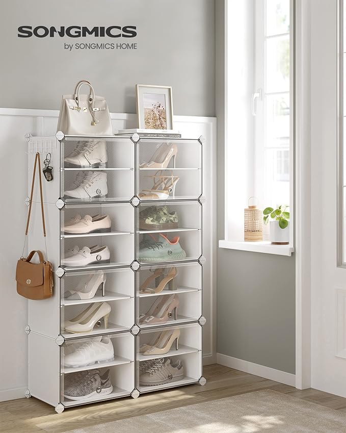 SONGMICS Shoe Rack Organizer, 8-Tier Shoe Storage Cabinet for Closet and Entryway, Holds 32 Pairs of Shoes, Adjustable, Cloud White and Trasparent ULPC034W01
