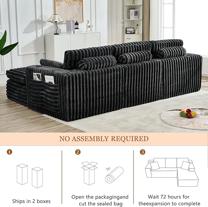 114" Cloud Boneless Sectional Couches for Living Room, Modular Sectional Sofa with Cup Holder, Cozy Fluffy L Shaped Deep Seat Couch with Storage Pocket, No Assembly Required, Dark Black
