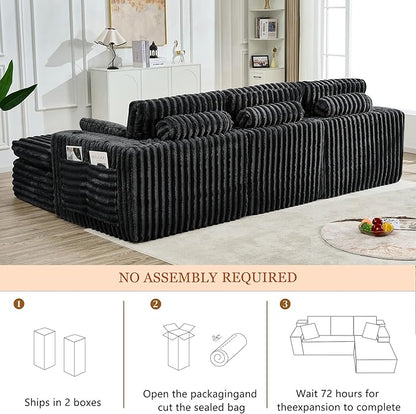 114" Cloud Boneless Sectional Couches for Living Room, Modular Sectional Sofa with Cup Holder, Cozy Fluffy L Shaped Deep Seat Couch with Storage Pocket, No Assembly Required, Dark Black