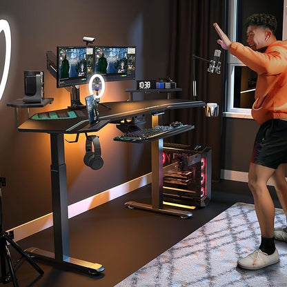 EUREKA ERGONOMIC Gaming Desk, Standing Desk w Keyboard Tray, 72" Wing Shaped Music Studio Table with LED Shelves, Gaming Recording Live Stream, Slot Design