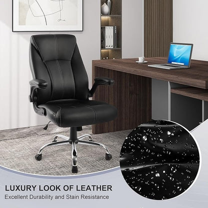 Big and Tall Office Chair for Heavy People, Executive Desk Computer Chair Adjustable Flip-up Armrests, PU Leather Swivel Task Chair with Ergonomic High Back and Lumbar Support