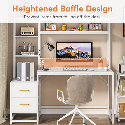 Tribesigns 55 Inch Computer Desk with 2 Drawers and Storage Shelves, Rustic Office Desk with Hutch, Study Writing Gaming Table Laptop Workstation for Home Office (White)