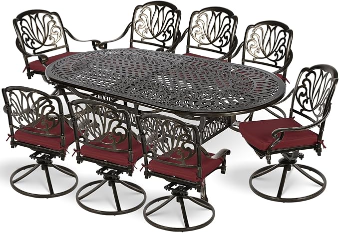 MEETWARM 9-Piece Outdoor Patio Dining Set, All-Weather Cast Aluminum Patio Conversation Set for Backyard Garden Deck with 8 Cushioned Swivel Rocker Chairs, 1 Oval Table, 2" Umbrella Hole, Chili Red