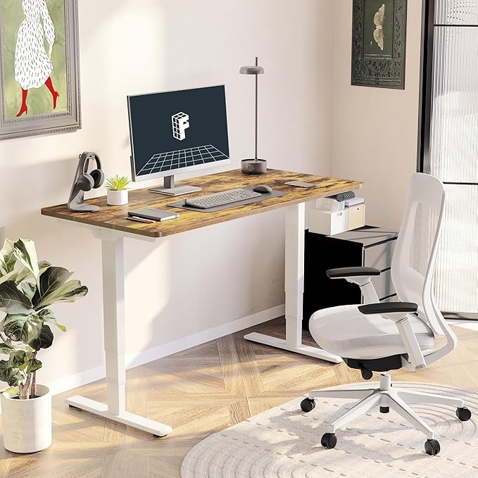 FLEXISPOT E6 3 Stages Dual Motor Electric Standing Desk 48x30 Inch Whole-Piece Board Height Adjustable Electric Sit Stand Desk(White Frame + Special Walnut Desktop, 2 Packages)