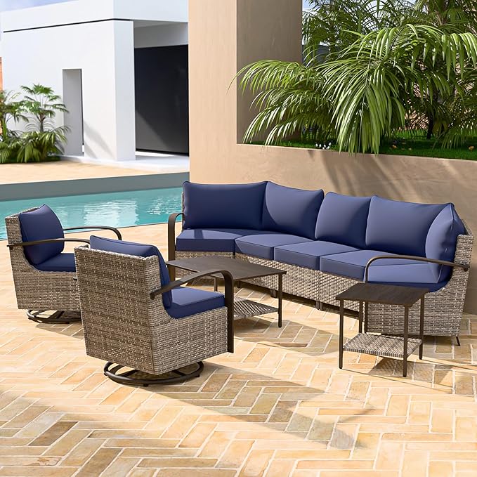 COOS BAY Aurora Terrace Half-Moon Outdoor Furniture Set, Rattan Conversation Set with Swivel Rockers, Curved 5-Seat Sofa, Coffee Table & Side Table, Seats 7, Beige/Blue