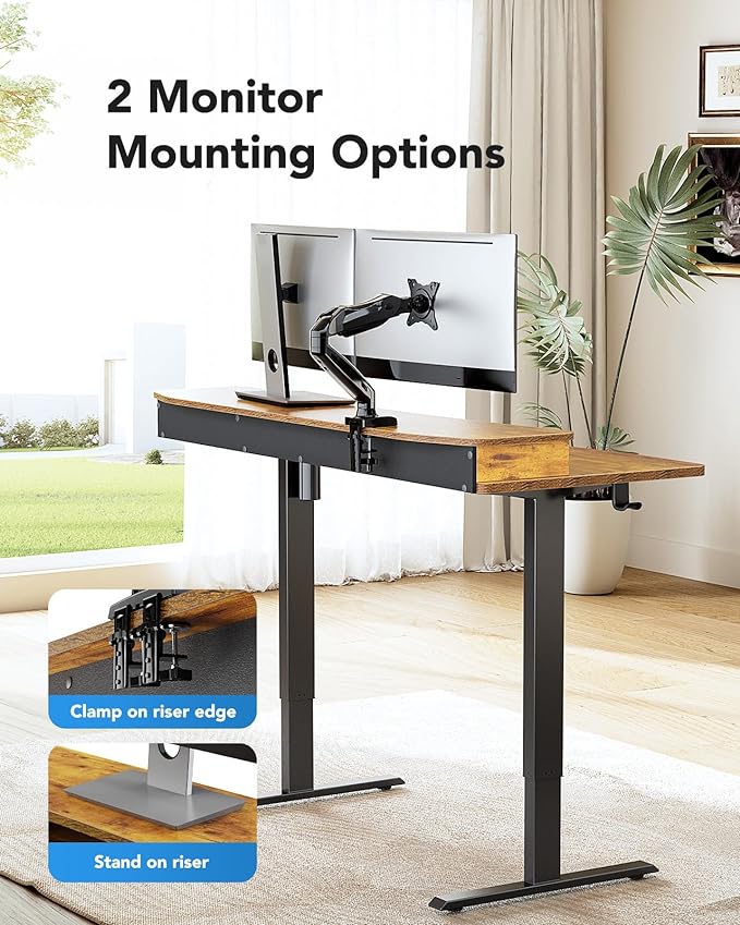 HUANUO 60″ x 30″ Electric Standing Desk with 2 Drawers, C-Clamp Mount Compatible, Height Adjustable Computer Desk, Home Office Stand Up Desk with 4 Preset Heights & 2 Hooks, Vintage Brown