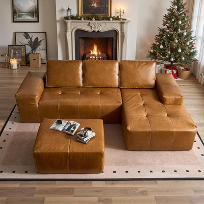 114" Cloud Sectional Couch with L-Shape Chaise & Ottoman, Modern Boneless Couches for Living Room, Fluffy Tufted Deep Seat Modular Sofa No Assembly (Faux Leather,Brown,Right Facing)