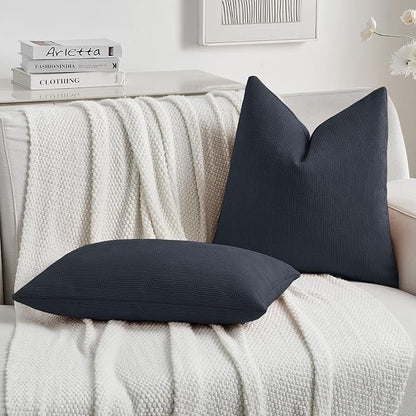 FUTEI Navy Blue Chenille Decorative Throw Pillow Covers 26x26 Inch Set of 2,Soft Cozy Striped Geometric Patterns Euro Pillow Shams,Modern Home Decor for Couch Bed Living Room
