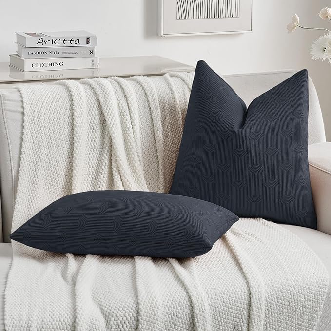 FUTEI Navy Blue Chenille Decorative Throw Pillow Covers 12x20 Inch Set of 2,Soft Cozy Striped Geometric Patterns Lumbar Pillow Cases,Modern Home Decor for Couch Bed Living Room