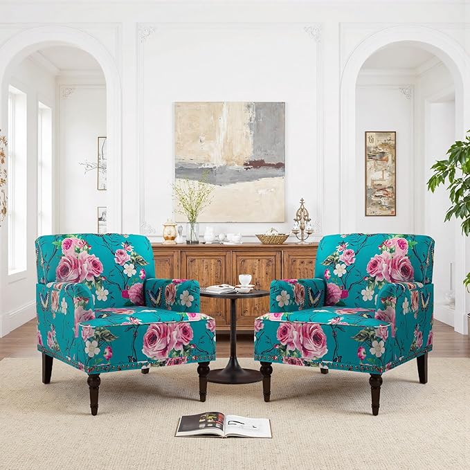Pia Ricco Floral Accent Chairs 2 Pack - Modern Nailhead Trim Armchairs with Wood Legs, Upholstered Reading Chairs for Living Room Bedroom
