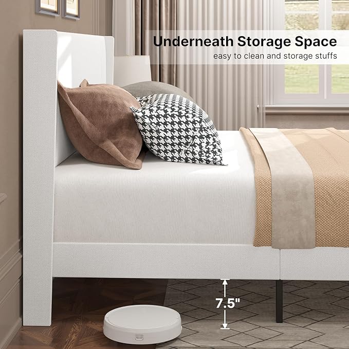 Gizoon Queen Bed Frame with Wingback Headboard, Upholstered Platform Bed with Modern Geometric Headboard, Wooden Slats, Noise-Free, No Box Spring Needed