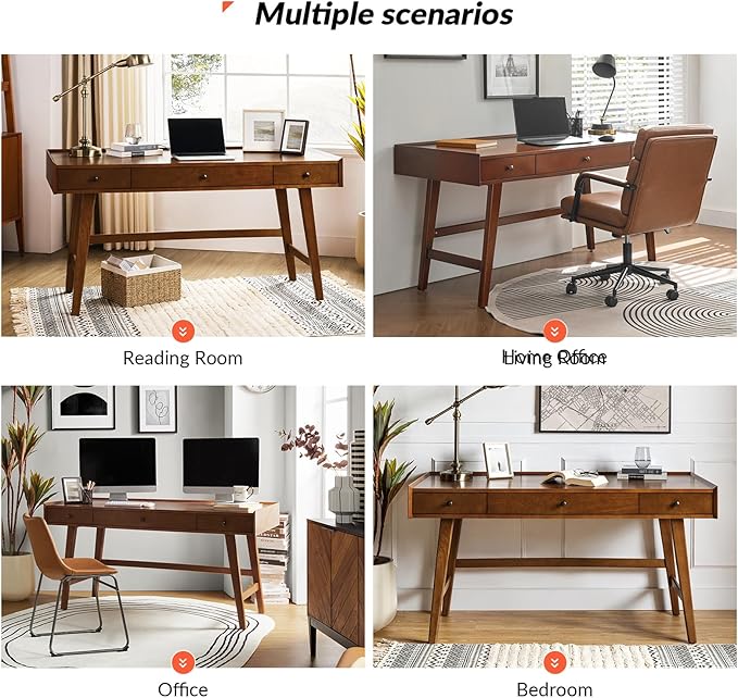 HULALA HOME Home Office Desk with 3 Drawers & Solid Wood Legs, Writing Table with Charging Station & Cable Management, Mid Century Modern Desk for Bedroom/Living Room/Study/Workstation, Walnut