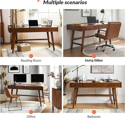 HULALA HOME Home Office Desk with 3 Drawers & Solid Wood Legs, Writing Table with Charging Station & Cable Management, Mid Century Modern Desk for Bedroom/Living Room/Study/Workstation, Walnut