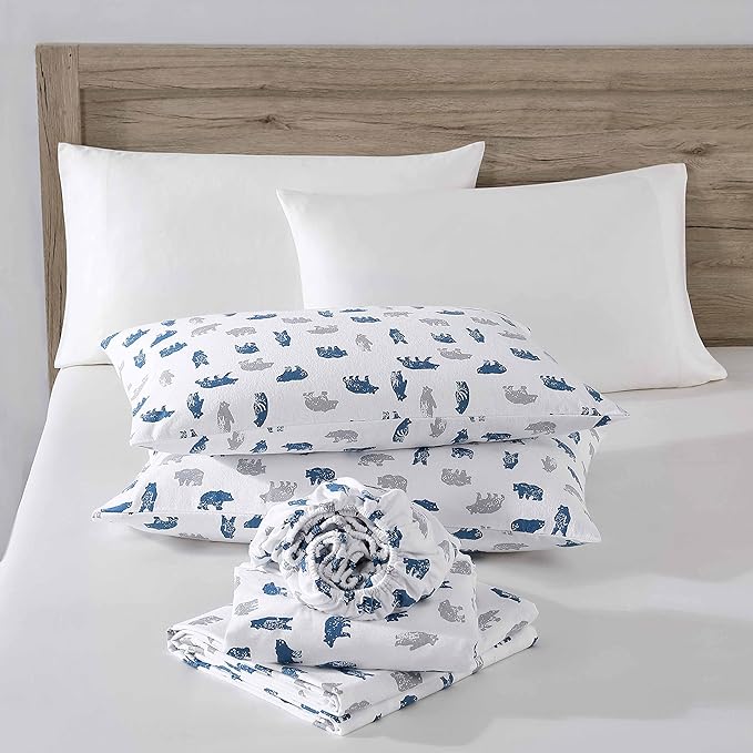 Eddie Bauer- Twin XL Sheet Set, Cotton Flannel Bedding Set, Brushed for Extra Softness, Cozy Home Décor (Bear Mountain Grey, Twin XL)