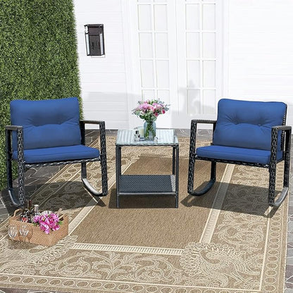 COSTWAY 3 Pieces Patio Rattan Rocking Chair Set, Outdoor Conversation Furniture Sets with Coffee Table, Storage Shelf and Cushions, Modern Bistro Set for Porch, Backyard, Garden, Navy