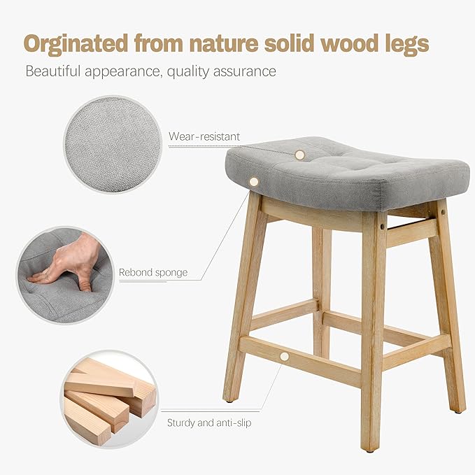 Counter Height Bar Stools Set of 4 for Kitchen Counter Farmhouse Modern Barstools with Upholstered Fabric Backless Seat and Solid Wood Legs 24 inch Bar Chairs, Grey + Wood Color
