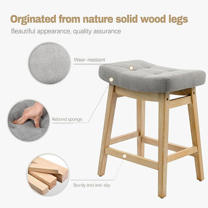 Counter Height Bar Stools Set of 6 for Kitchen Counter Farmhouse Modern Barstools with Upholstered Fabric Backless Seat and Solid Wood Legs 24 inch Bar Chairs, Grey + Wood Color