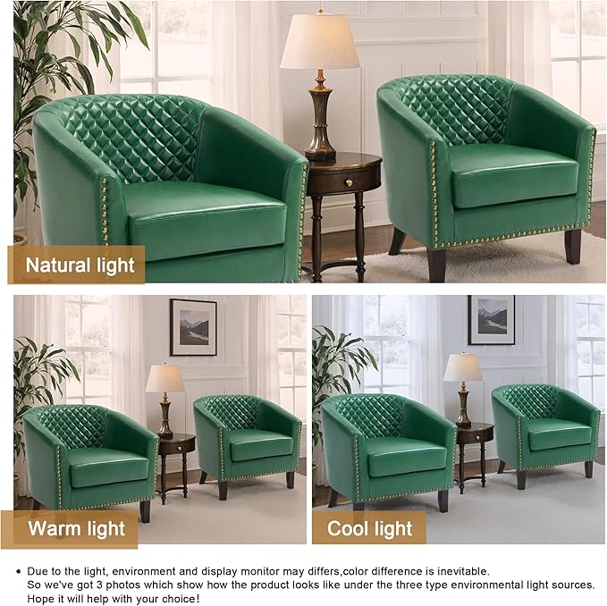 Pia Ricco Faux Leather Barrel Accent Chairs Set of 4, Modern Club Arm Chair Comfy Upholstered Single Sofa Chair with Solid Wood Legs and Nailhead Trim for Living Room/Reading Room, Green