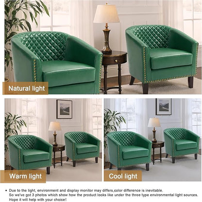 Pia Ricco Faux Leather Barrel Accent Chairs Set of 4, Modern Club Arm Chair Comfy Upholstered Single Sofa Chair with Solid Wood Legs and Nailhead Trim for Living Room/Reading Room, Green