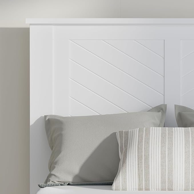 Serene Farmhouse Style Wood Bed in Twin Size with Chevron Scoring Headboard, Coastal Modern Design, Sturdy, Easy Assembly, Ample Underbed Storage, White Finish