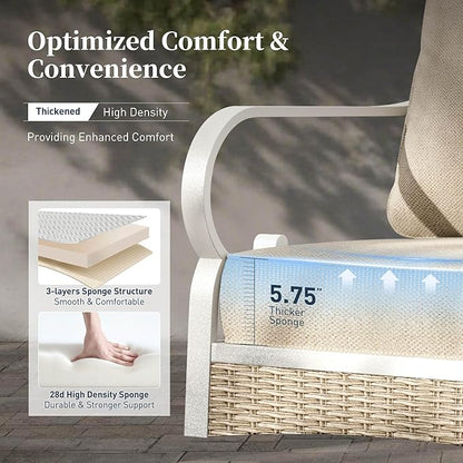 6 Piece Metal Outdoor Patio Furniture Set, Patio Conversation Set 1 3-Seater Sofa, 2-Seater Sofa, 2 Fixed Chair with 5.75" Thick Cushion & Coffee Table White Backyard Furniture, Beige