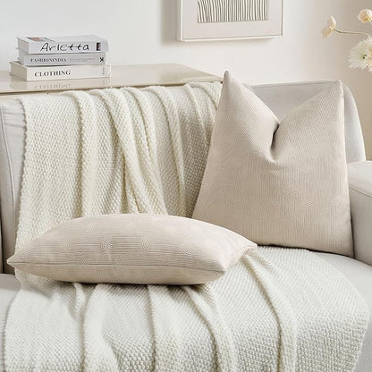 FUTEI Beige Chenille Decorative Throw Pillow Covers 18x18 Inch Set of 2,Soft Cozy Striped Geometric Patterns Cushion Case,Modern Home Decor for Couch Bed Living Room