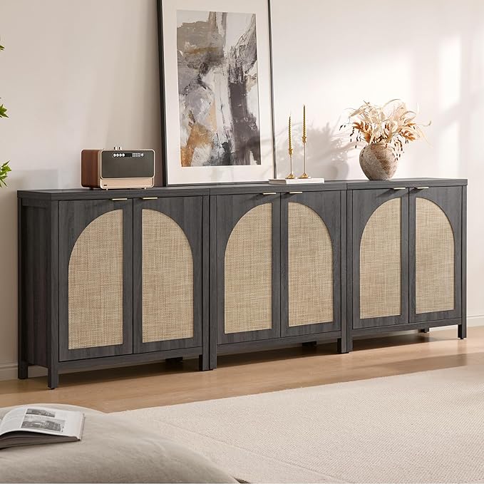 SICOTAS 68" W Rattan Sideboard Buffet Cabinet with Storage Set of 2, Modern Credenza with Arch Doors & Shelves, Boho Coffee Bar Media Console Cabinets for Kitchen, Living Room, Entryway, Black Oak