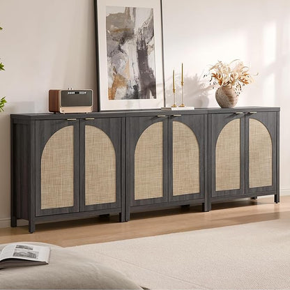 SICOTAS 68" W Rattan Sideboard Buffet Cabinet with Storage Set of 2, Modern Credenza with Arch Doors & Shelves, Boho Coffee Bar Media Console Cabinets for Kitchen, Living Room, Entryway, Black Oak