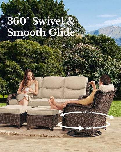 HILLGA Luxury Patio Furniture Set with 6-inch Thick Cushion, Outdoor Couch and High Back Swivel Rocker Patio Chairs, 6PCS Wicker Conversation Set for Deck Yard and Poolside, Beige (V2)