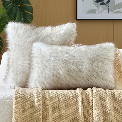 FUTEI Coffee White Decorative Throw Pillow Covers 18x18 Inch Set of 2,Soft Fluffy Faux Fox Fur Textured Cushion Case,Modern Home Decor for Couch Living Room