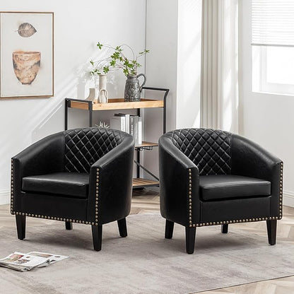 KINWELL 29" W Faux Leather Barrel Chairs Set of 2, Modern PU Upholstered Tufted Club Chairs with Nailhead Trim, Small Armchairs Accent Chairs for Living Room Bedroom Apartment Lounge Nursery, Black