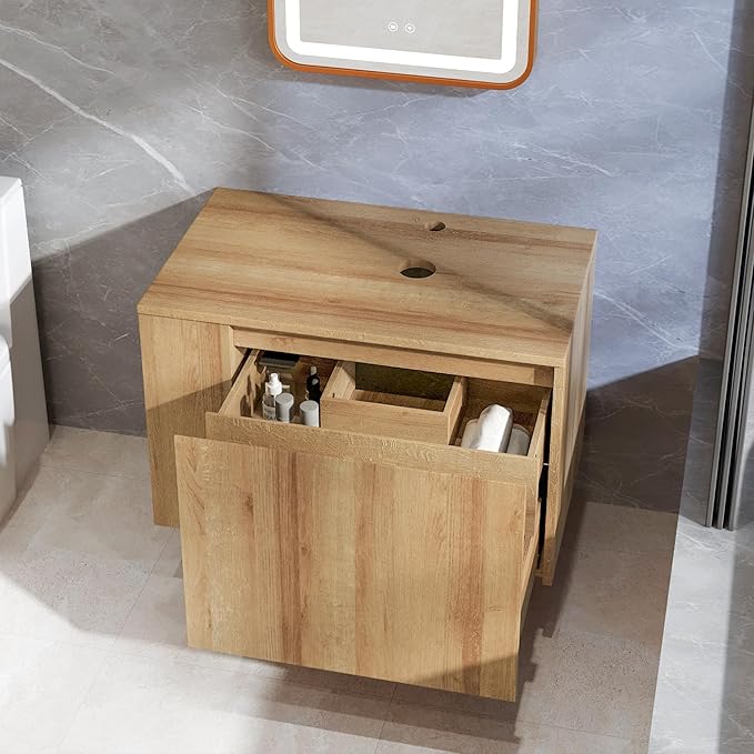 Bathroom Vanity, Natural Color Wall-Mounted Bathroom Vanity with Hidden Drawer (Nature Without Sink, 36")