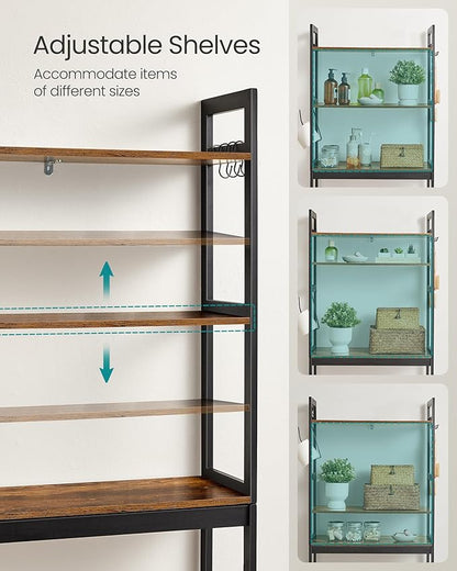 SONGMICS Over-The-Toilet Storage, 3-Tier Bathroom Organizer Over Toilet with Adjustable Shelves, Hooks, Bamboo, Freestanding Space Saver Bathroom Shelves, Rustic Brown and Ink Black UBTS012B01