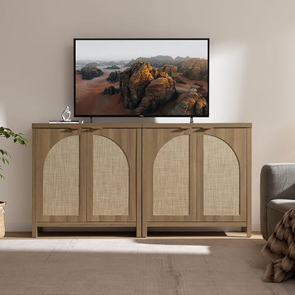 SICOTAS 68" W Rattan Sideboard Buffet Cabinet with Storage Set of 2, Mid Century Modern Credenza with Arch Doors & Shelves Farmhouse Coffee Bar Media Console Cabinets for Living Room, Entryway
