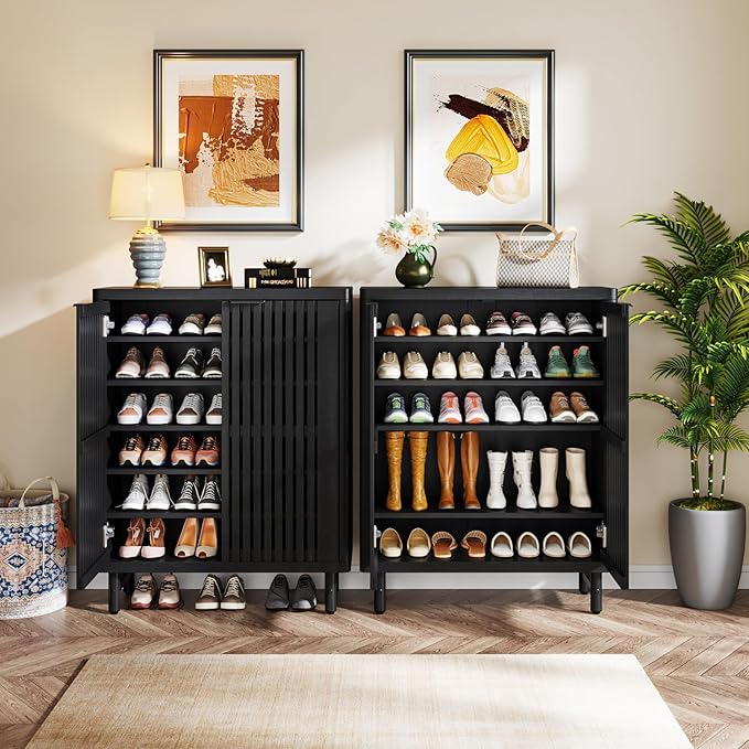 Tribesigns 6-Tier Farmhouse Shoe Cabinet with Shutter Doors, Wooden Shoe Organizer Rack with Adjustable Shelves, Modern Large Hidden Storage Furniture for Entryway, Hallway (Black)