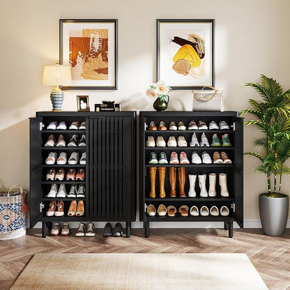 Tribesigns 6-Tier Shoe Cabinet with Shutter Doors, Large Wooden Shoe Organizer Rack with Adjustable Shelves, Modern Farmhouse Hidden Storage Furniture for Entryway, Hallway (Black)
