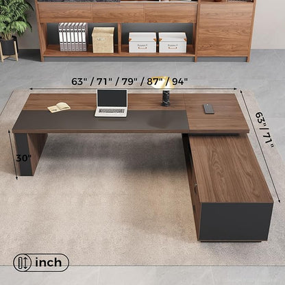 L-Shaped Executive Desk with LED Lights, Lockable Storage & 3-in-1 Charging Station, Reversible Cabinet, Modern Wood Office Desk for CEO, Manager & Home Office(Black Walnut+Khaki, 95"L*71"W*30"H)