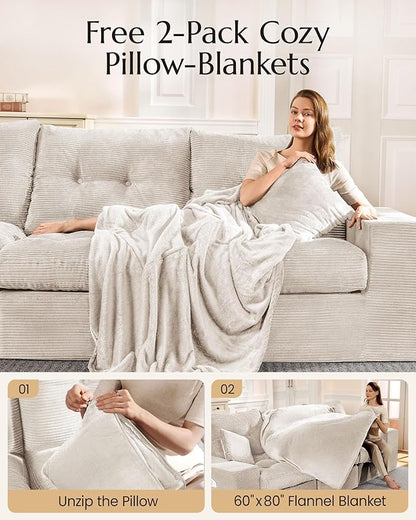 High Back Boneless Couch, Loveseat Cloud Couch with Versatile 2-Pack Pillow Blankets, Corduroy Modular Sectional Sofa, No Assemble Sectional Couches for Living Room, Warm White