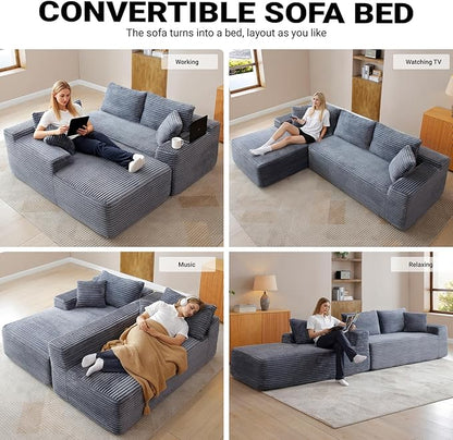108 Inch Cloud Sectional Couch,Modern Modular Sectional Sofa with Deep Seat,Corduroy Boneless Couches with L-Shape Chaise for Living Room,No Assembly Required (Grey, Left Facing Chaise)