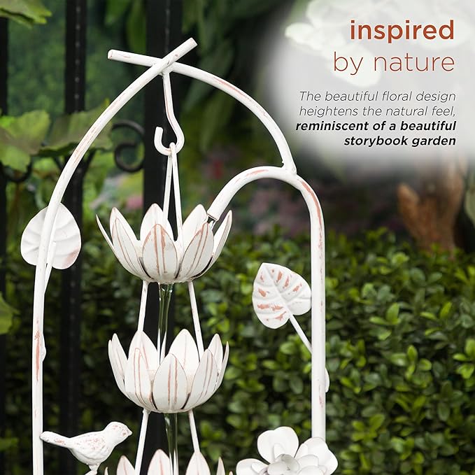 Alpine Corporation YHL866 30"" Metal Rustic Water Fountain with Decorative Flower – Cascading Waterfall Feature for Gardens, Patios, and Outdoor Décor, White