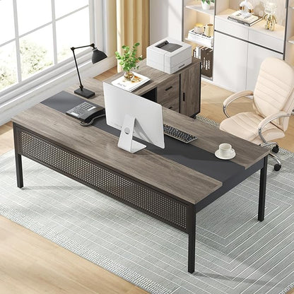Tribesigns 71 inch Executive Desk, L Shaped Desk with Mobile File Cabinet, Executive Office Table with 2 Drawers and Storage Shelves, Business Furniture Workstation for Home Office, Grey and Black