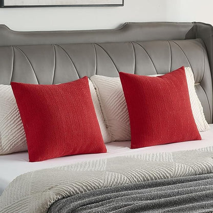 FUTEI Christmas Red Chenille Throw Pillow Covers 26x26 Inch Set of 2,Soft Striped & Diamond Textured Euro Pillow Shams,Modern Home Decor for Couch Living Room