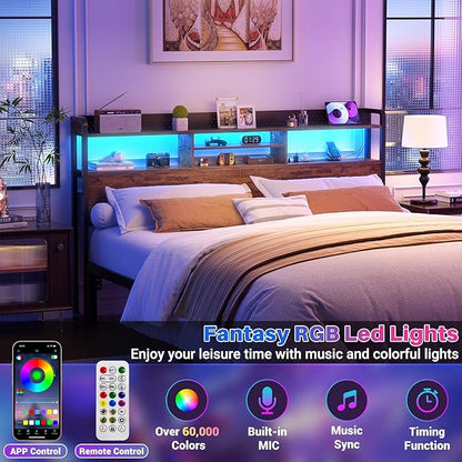 Unikito Headboard for King Size Bed with Storage Shelf, Head Board with 3 Outlets and 2 USB Ports, Headboards with RGB LED Light, Height Adjustable, Sturdy and Stable, Easy Assembly, Rustic Brown