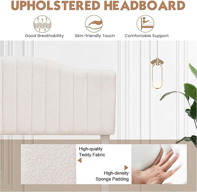 VECELO Queen Size Bed Frame Upholstered Platform Beds with Height-Adjustable Teddy Fabric Headboard, Strong Wood Slats 7.9'' Under Bed Storage Space Noise-Free No Box Spring Needed, Beige