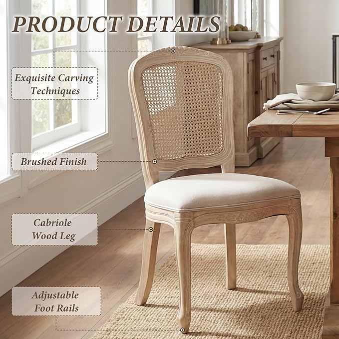 Wicker Dining Chairs Set of 2, Upholstered Linen Fabric Dining Room Chairs with Square High Rattan Back Farmhouse French Kitchen Chairs for Dining Table/Living Room/Restaurant, Cream
